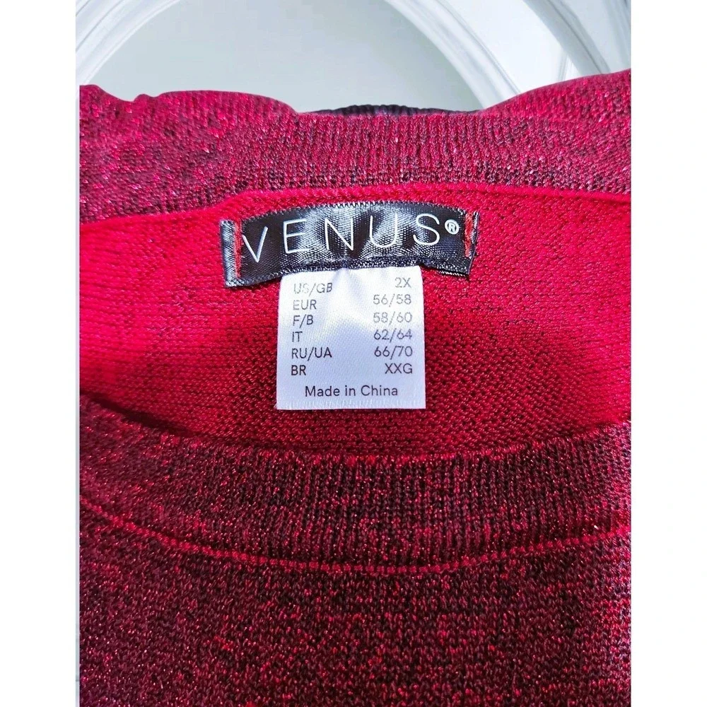 Venus Womens 2X Metallic Sparkle Striped Sweater Burgundy‎ Black Scoop Neck Knit